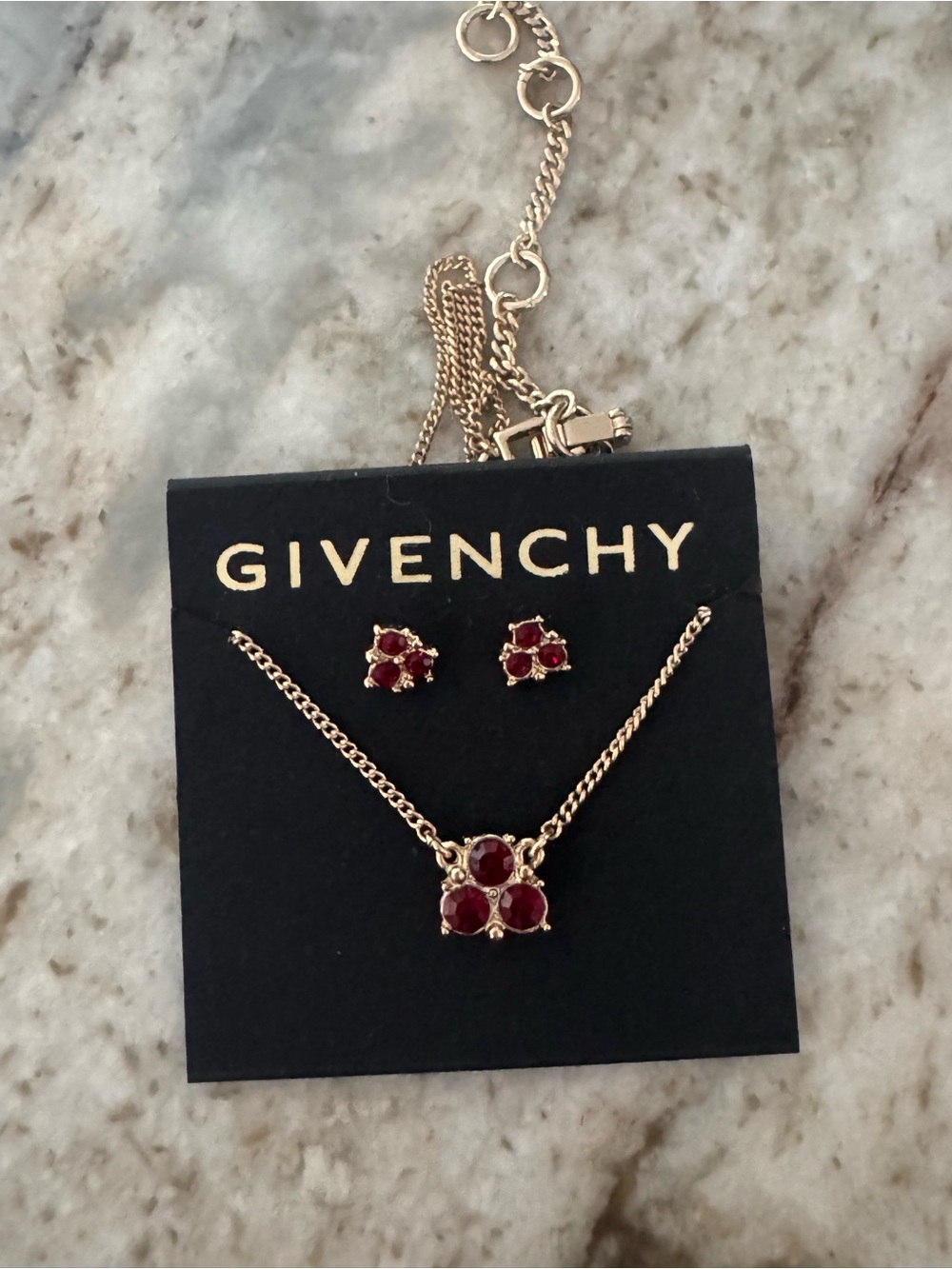 Givenchy Gold-Tone Necklace and Stud Earrings with Red Stones